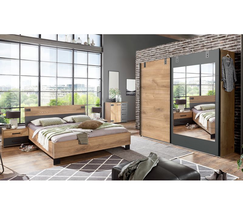 Chambre à Coucher Complète Adulte (lit 180x200 Cm + 2 Chevets + Armoire + Commode)