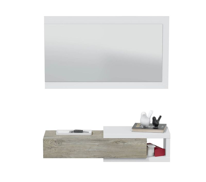 Meuble D'entrée Avec Un Miroir Coloris Blanc Artic / Chêne - H.19 X L.95 X P.26 Cm