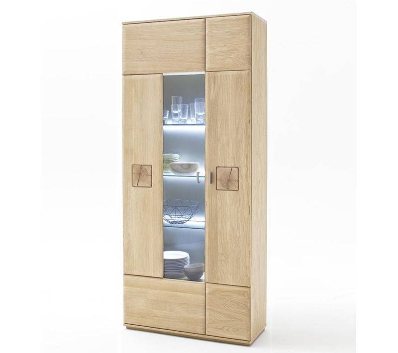 Vitrine En Chêne Massif Bianco + LED - L.90 X H.208 X P.38 Cm