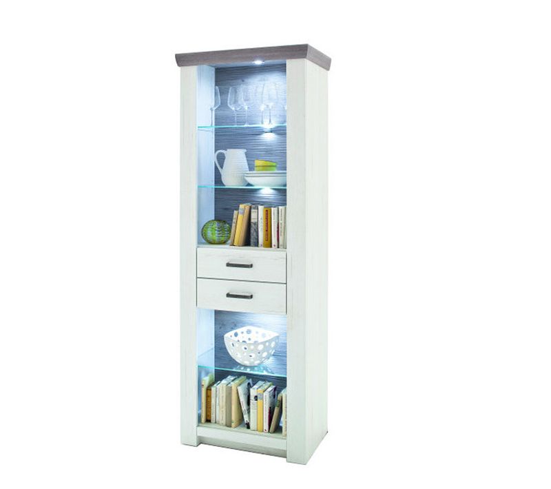 Vitrine En Pin Blanc Et Chêne Neslon Avec LED - L.74 X H.210 X P.45 Cm