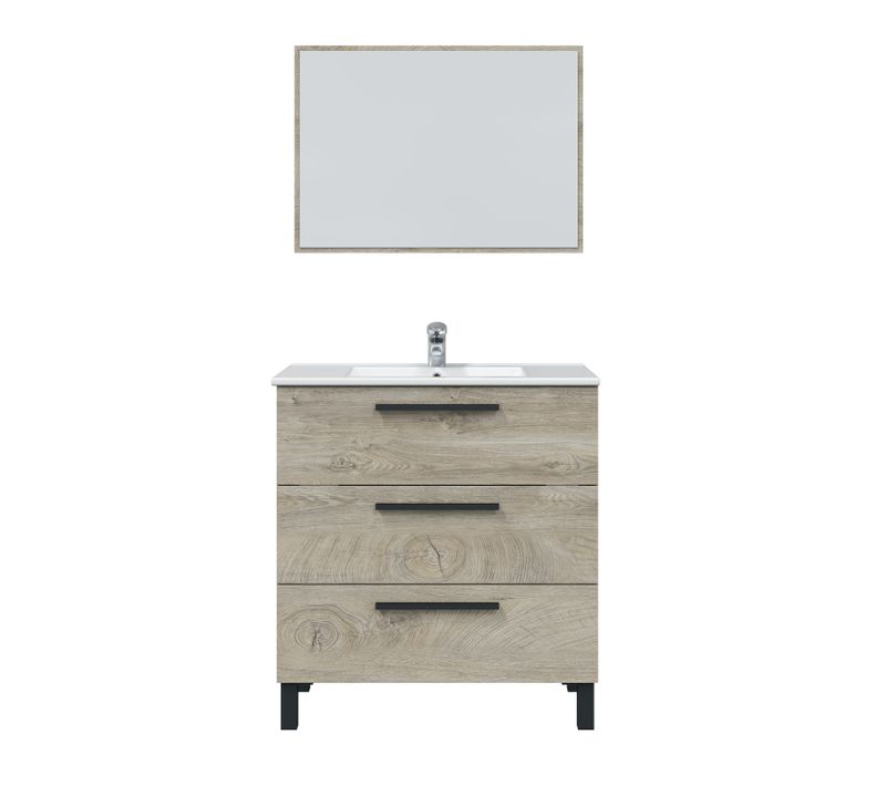 Meuble Salle De Bain Sous Vasque Avec 3 Tiroirs et 1 Miroir Coloris Alaska Chêne - HAUTEUR 86 cm