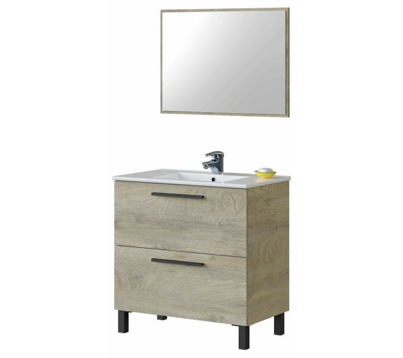 Meuble Salle De Bain Sous Vasque Avec 2 Tiroirs + 1 Miroir Coloris Alaska Chêne.