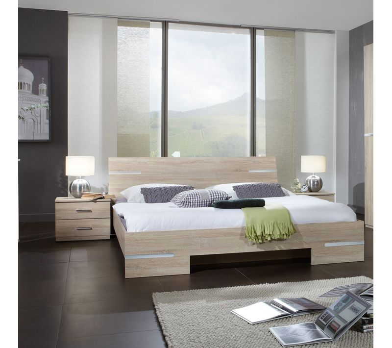 Lit Adulte Double + Chevets Coloris Imitation Chêne/chrome Brillant - L. 149 X P. 210 X H. 81 Cm