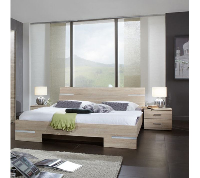 Lit Adulte Double 180x200cm + Chevets Coloris Imitation Chêne Artisan/chrome Brillant