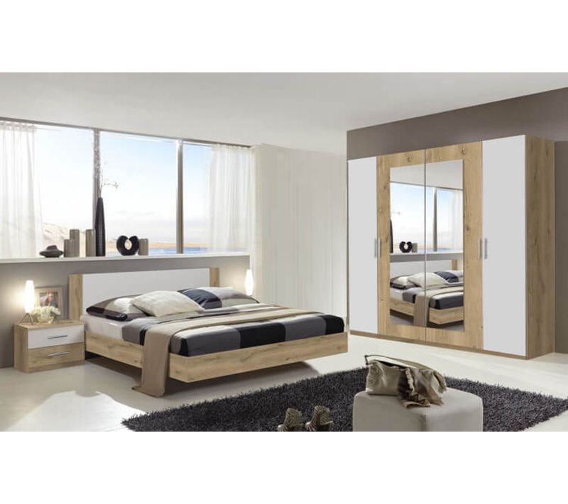 Chambre à coucher Adulte (lit 160x200 Cm + 2 Chevets + Armoire) coloris chêne poutre