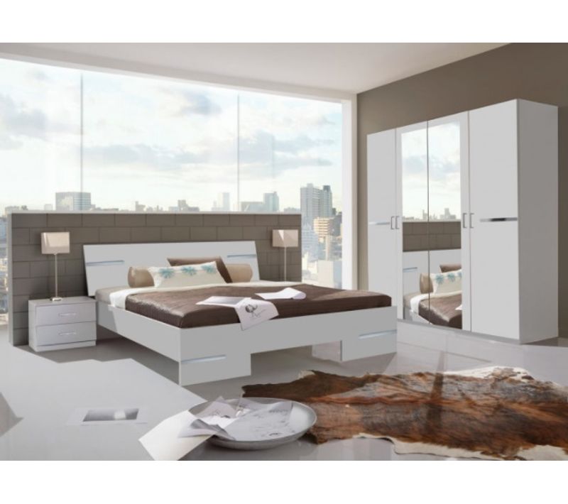 Chambre à Coucher Adulte (lit 140x200 Cm + 2 Chevets + Armoire) blanc/chrome