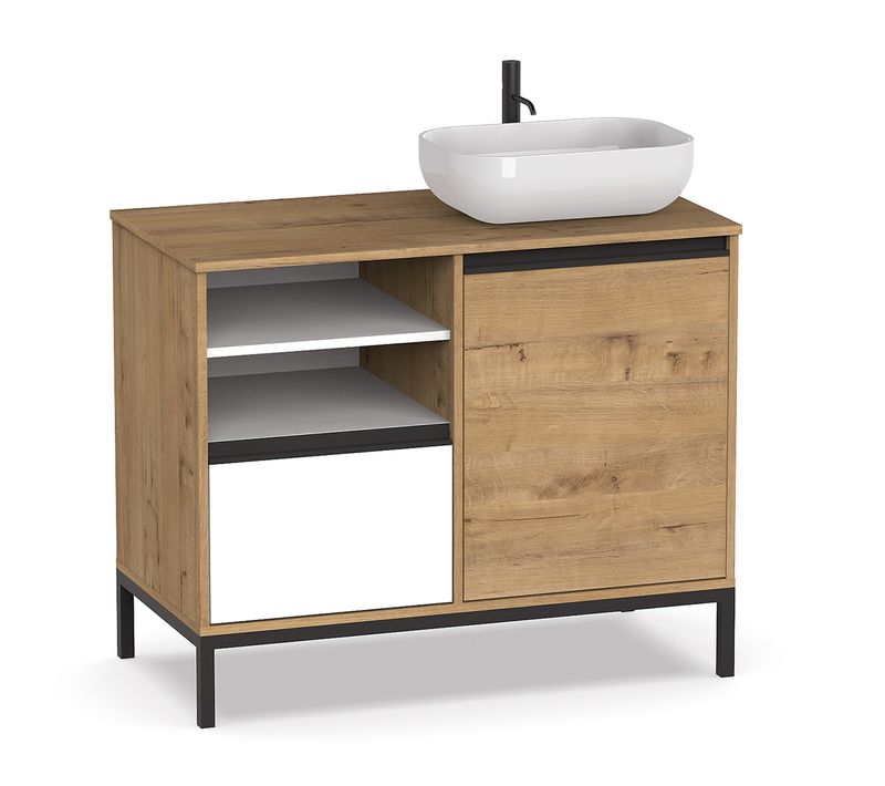 Meuble Vasque 1 Porte + 1 Tiroir Coloris Chêne Doré/ Blanc - H. 95.5 X L. 100 X P. 51 Cm