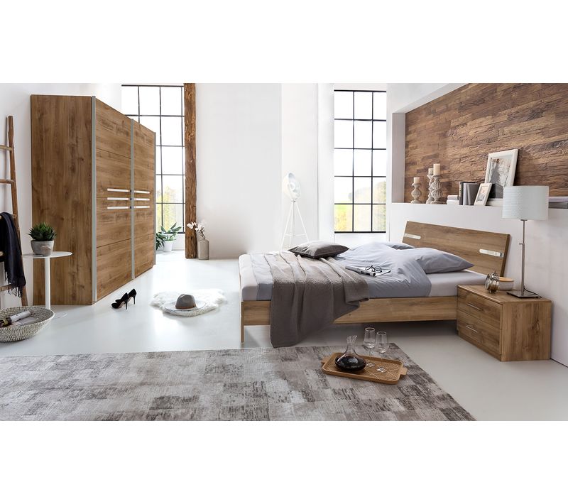 Chambre à coucher Adulte (lit 180x200 Cm + 2 Chevets + Armoire) imitation chêne poutre/chrome