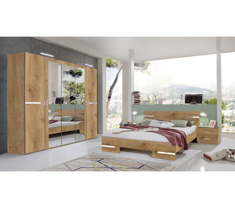 Chambre à Coucher Complète Adulte (lit 140x190 Cm + 2 Chevets + Armoire) imitation chêne poutre