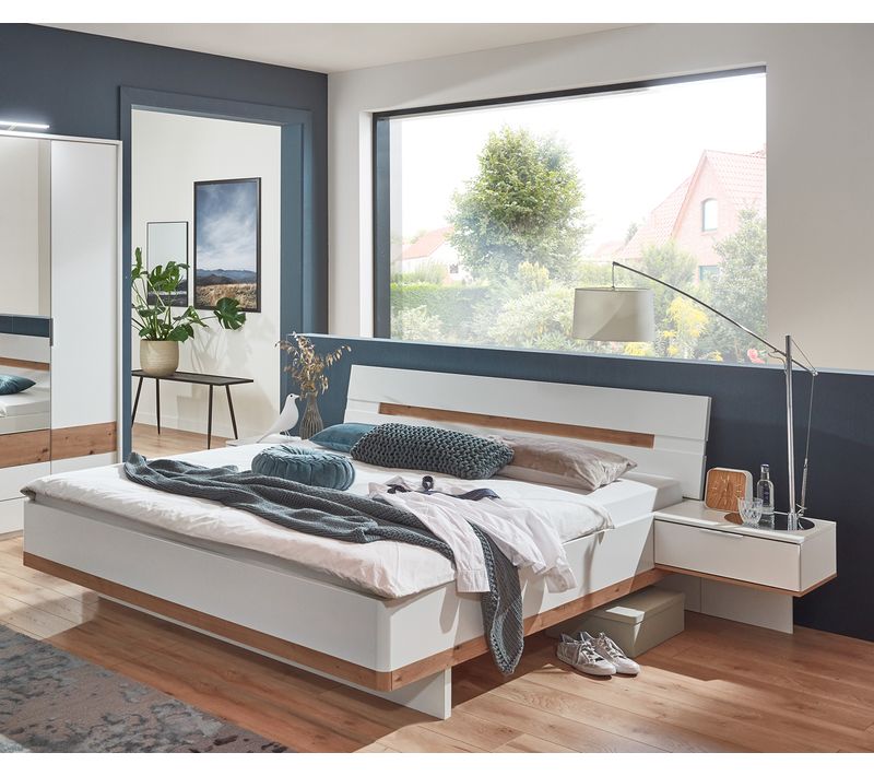 Lit Adulte Double 180x200 Cm King Size + 2 Chevets Coloris blanc/imitation Chêne Artisan 