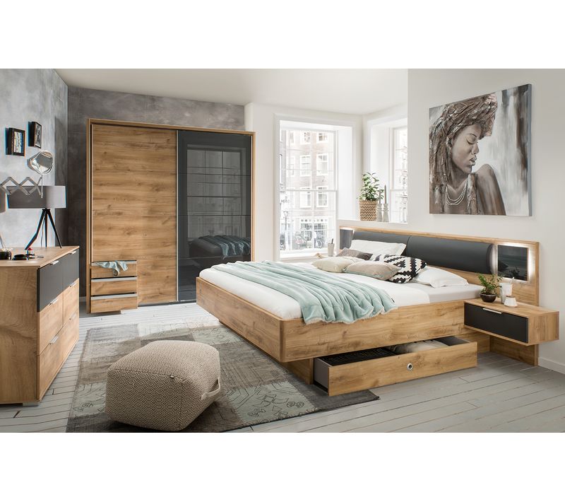Chambre à Coucher (lit King Size + 2 Chevets + Armoire + Commode) imitation chêne poutre/graphite