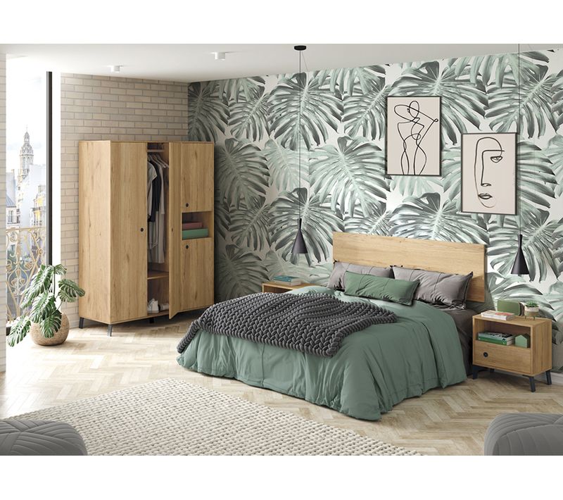 Chambre à Coucher Adulte Coloris Chêne Doré ( Armoire +  2 Chevets  +  Tête De Lit )