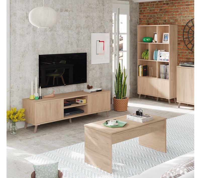 Ensemble De Salon Coloris Effet Bois ( Meuble TV + Bibliothèque + Table Basse )