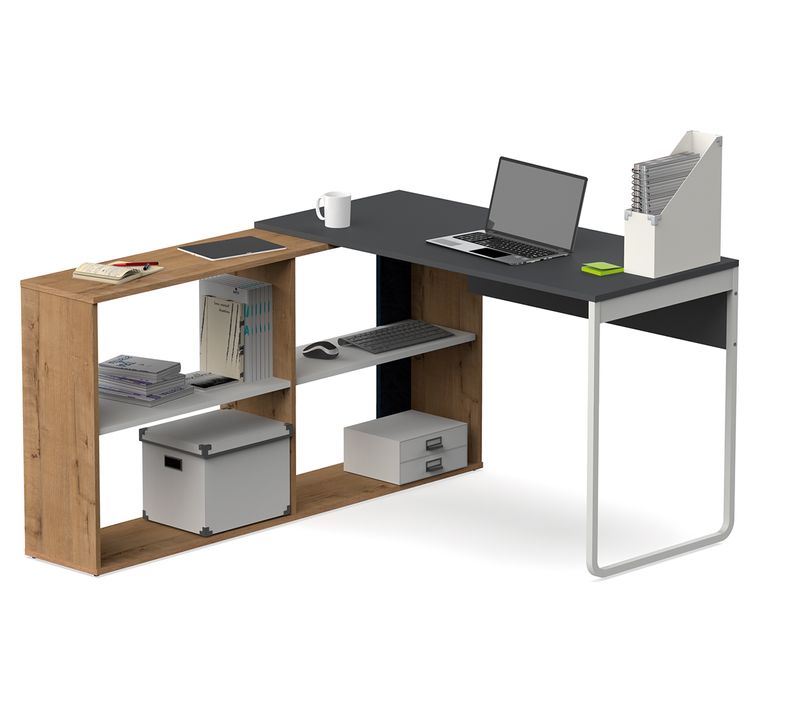 Bureau D'angle Modulable Coloris Chêne Doré / Gris - Hauteur 143 X Longueur 120 X Profondeur 72 Cm