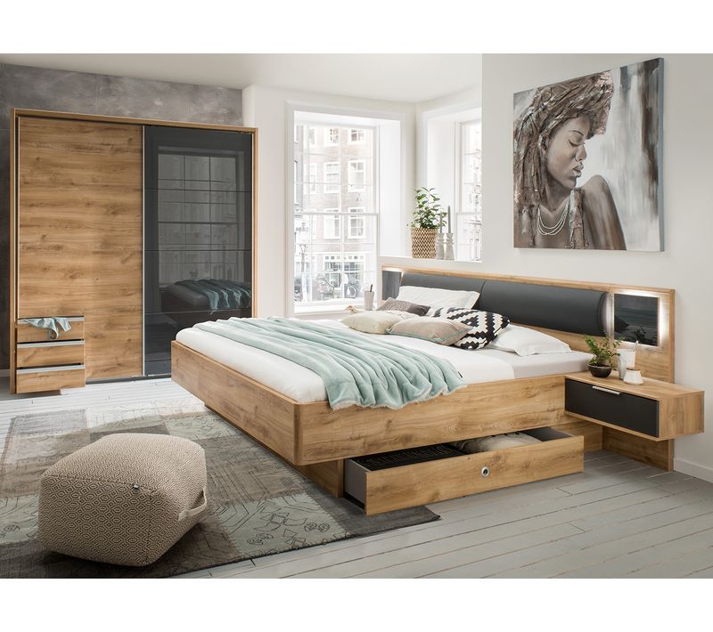 Chambre à Coucher Complète Adulte (lit Queen Size + 2 Chevets + 2 Tiroirs + Armoire)