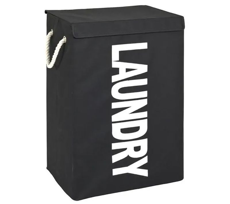 Panier à Linge En Tissu Canvas Noir Motif "laundry" Blanc - L. 40 X H. 62 X P. 30 Cm