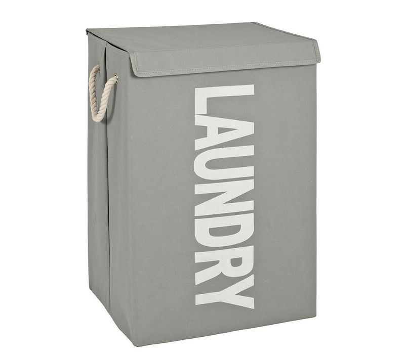 Panier à Linge En Tissu Canvas Gris, Motif "laundry" Blanc - L. 40 X H. 62 X P. 30 Cm