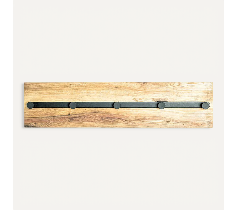 Garderobe Murale, Patère Murale En Bois Massif Coloris Chêne Et Métal Noir - L 60 X P 6 X H 15 Cm