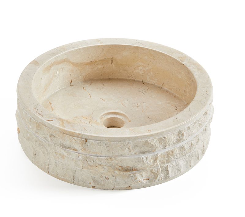 Vasque à Poser / Lavabo Rond En Marbre, Coloris Beige - Diamètre 40 X Hauteur 15 Cm