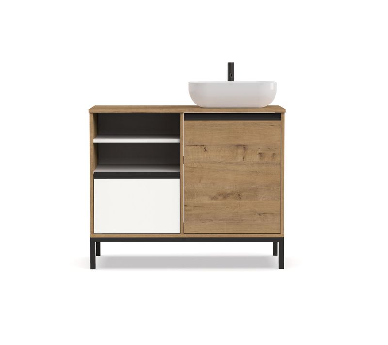 Meuble De Salle De Bain Coloris Chêne Doré  / Pieds Noir  - H. 81 X L. 100 X P. 51 Cm