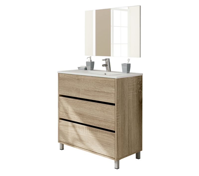 Meuble De Salle De Bain Avec 3 Portes Coloris Chêne Cambian  - H. 88 X L. 81,5 X P. 46,5 Cm