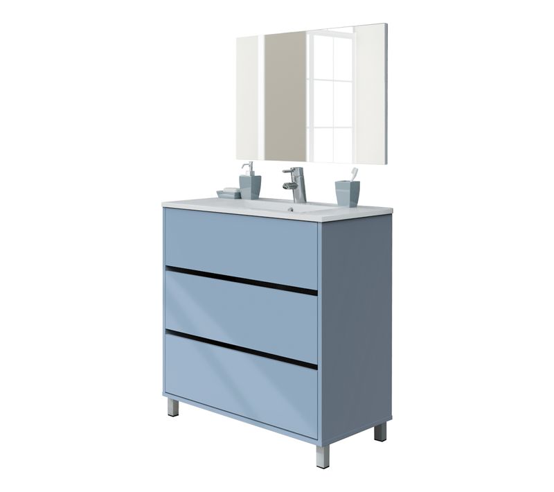 Meuble De Salle De Bain Avec 3 Portes Coloris Bleu Azul  - H. 88 X L. 81 X P. 47 Cm