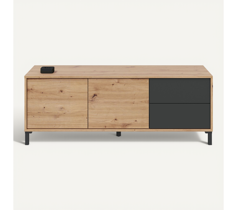 Meuble TV En Mélamine Coloris Chêne Gris Anthracite - Hauteur 47 X Profondeur 41 X Longueur 130 Cm