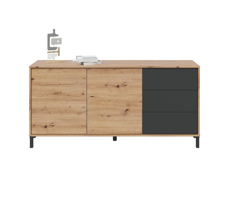 Buffet Meuble De Rangement En Mélamine Coloris Chêne Gris Anthracite - H. 74 X L. 154 X P. 41 Cm