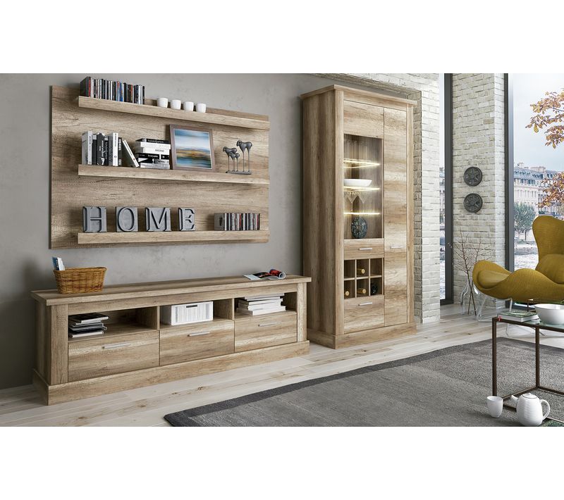 Set De Salon, Meuble TV + 3 Étagères Murales + Vitrine Coloris Chêne Vieilli