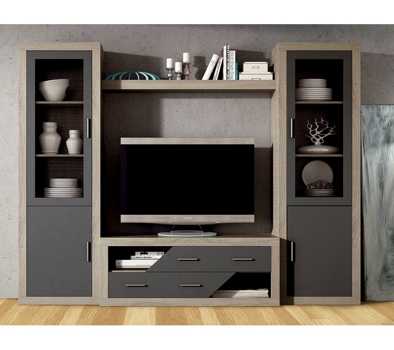 Ensemble De Salon, Meuble TV + Étagère Murale + Vitrine Coloris Chêne Cambrian, Graphite