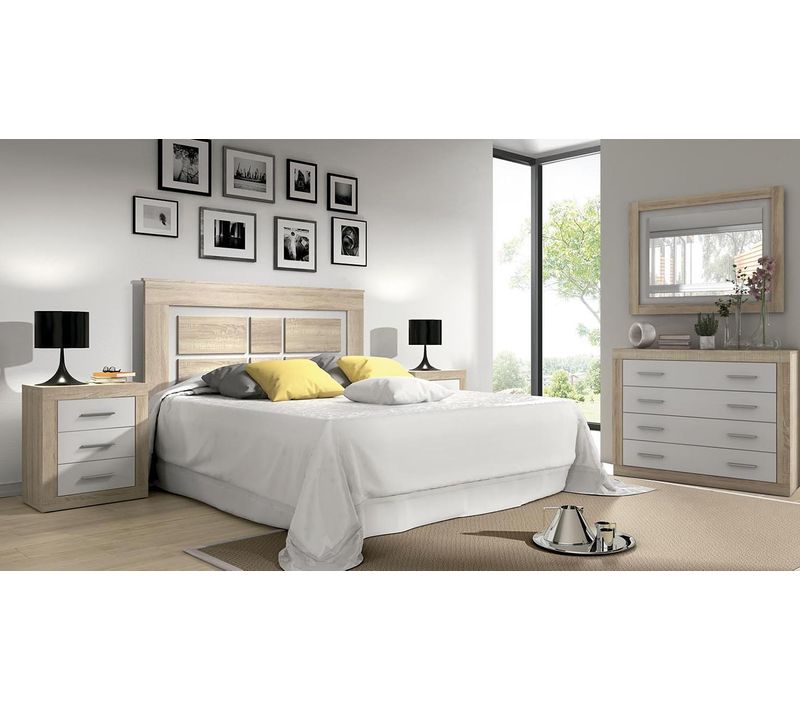 Ensemble Chambre à Coucher, Tête De Lit + 2 Tables Chevets + Commode + Miroir Mural