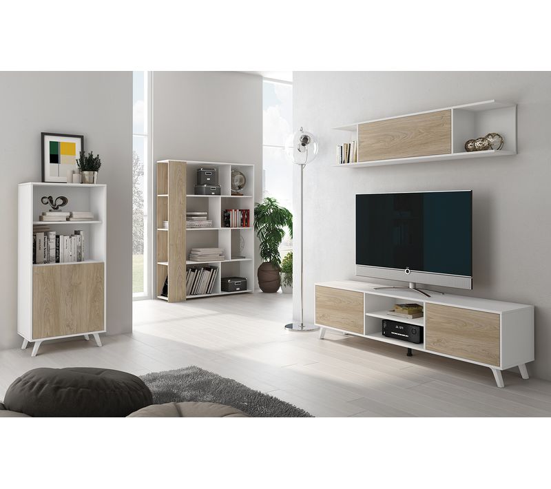 Ensemble De Salon Meuble TV Et 2 Étagères Murales + Bibliothèque Coloris Chêne Cambrian/ Blanc