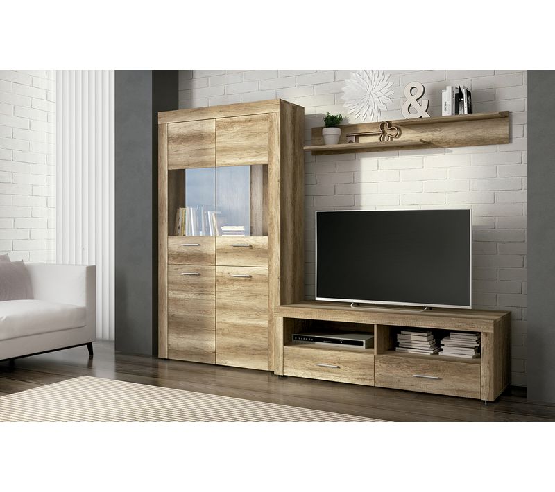 Ensemble De Salon Meuble TV + 1 Étagère Murale + Vitrine Haute Coloris Chêne Chêne Vieilli