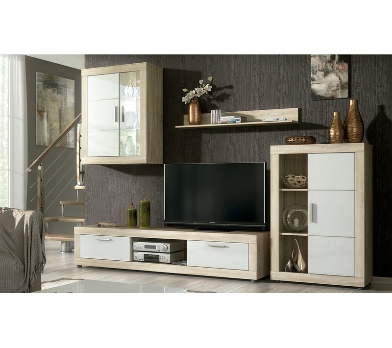 Ensemble De Salon Meuble TV + 1 Étagère Murale + Vitrine Murale Avec LED + Buffet