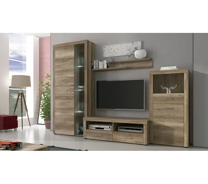 Ensemble De Salon Meuble TV + Étagère Murale + Vitrine Haute Avec LED + Buffet
