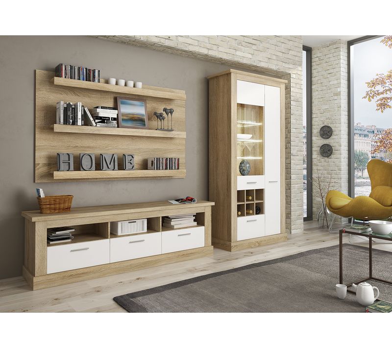 Ensemble De Salon, Meuble TV + 3 Étagères Murales + Vitrine Coloris Chêne Cambrian/blanc