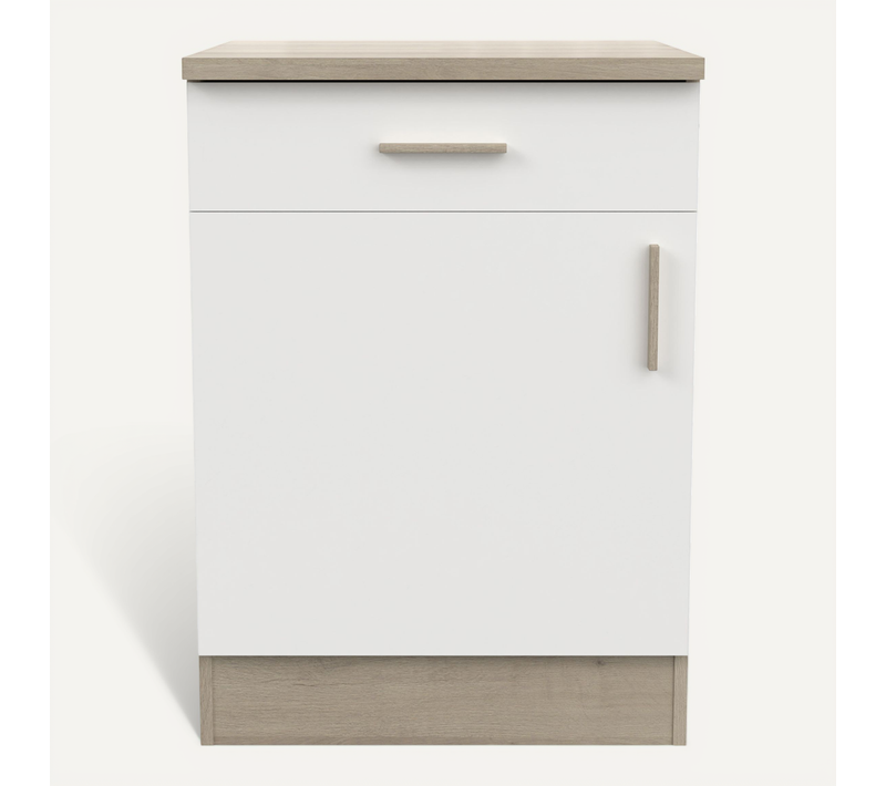 Meuble Bas De Cuisine 1 Porte + 1 Tiroir Coloris Chêne Kronberg, Blanc - L. 60 X H. 85 X P. 60 Cm