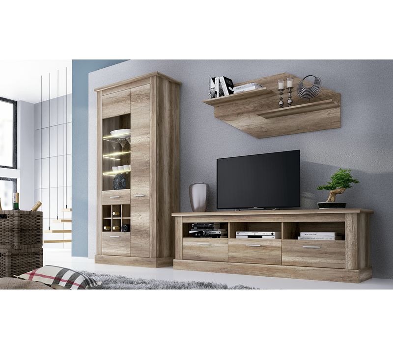 Ensemble De Salon Meuble TV + Étagère Murale + Vitrine Avec LED Coloris Chêne Vieilli