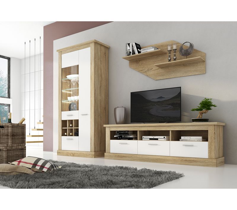 Ensemble De Salon Meuble TV + Set De 2 Étagères Murales + Vitrine Avec LED