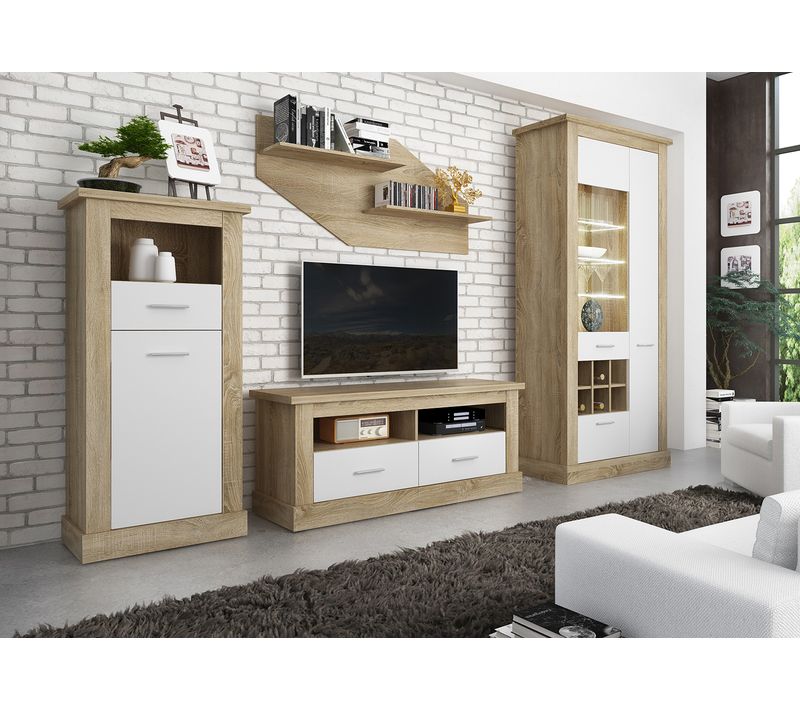 Ensemble De Salon Meuble TV + Vitrine Avec LED + Etagère Murale + Buffet