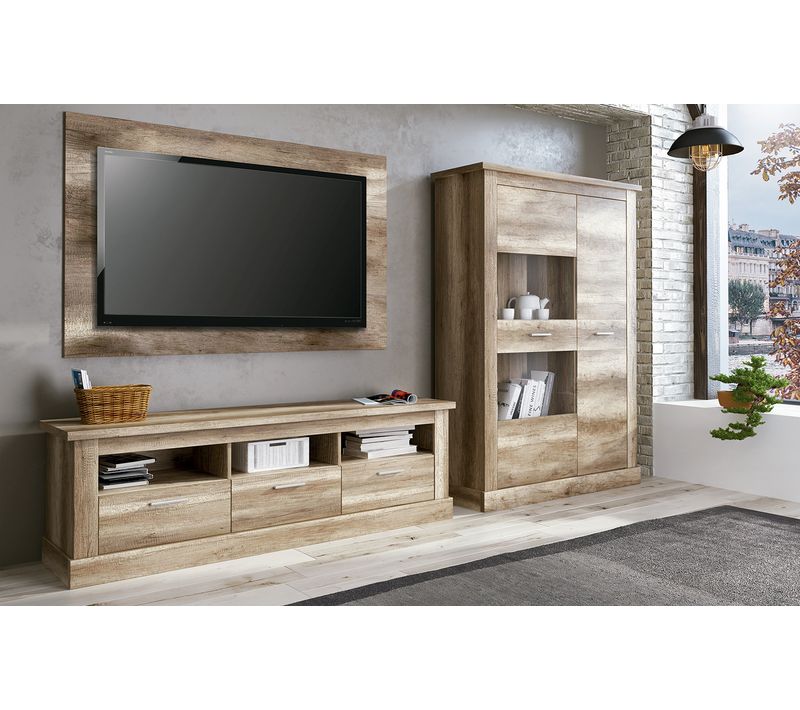 Ensemble De Salon Meuble TV + Vitrine Basse + Panneau TV Coloris Chêne Vieilli