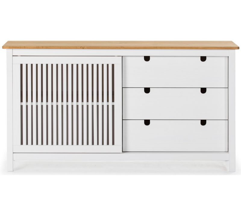 Buffet Bas En Pin Massif Décor Ciré Chêne Et Blanc, Meuble De Rangement - L. 150 X P. 40 X H. 80 Cm
