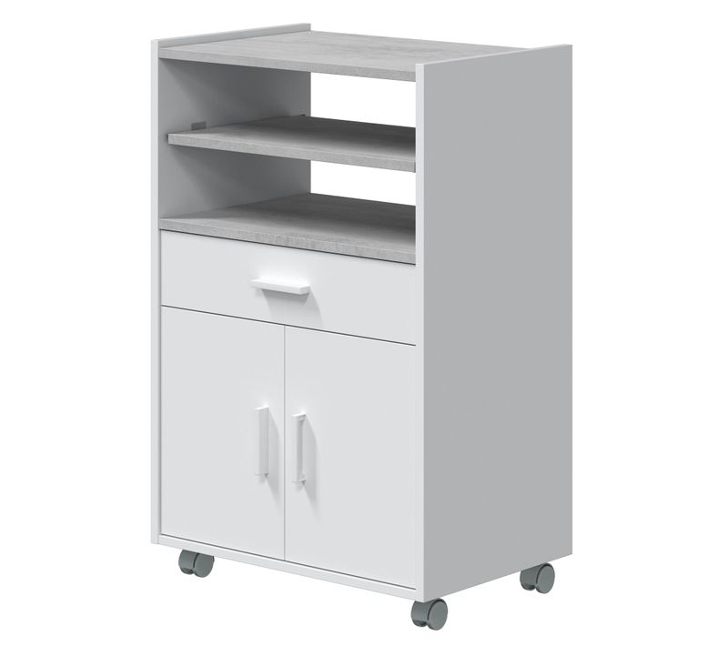 Meuble Pour Micro-ondes Sur Roulette En Bois Mélaminé Blanc Effet Béton - L. 59 X P. 40 X H. 92 Cm