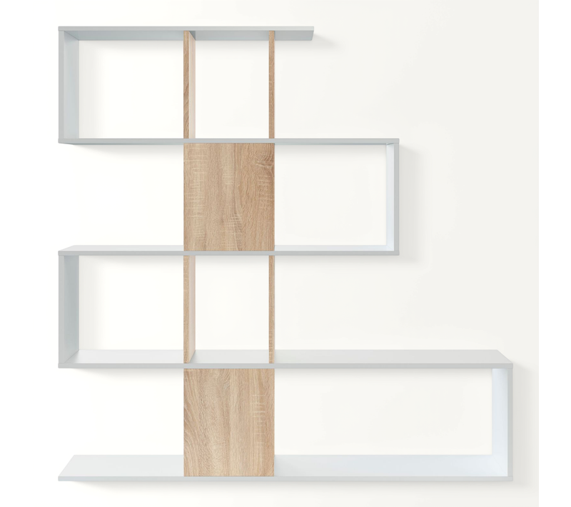 Bibliothèque Forme Zig Zag Coloris blanc / chêne - L. 145 X P. 29 X H. 145 Cm