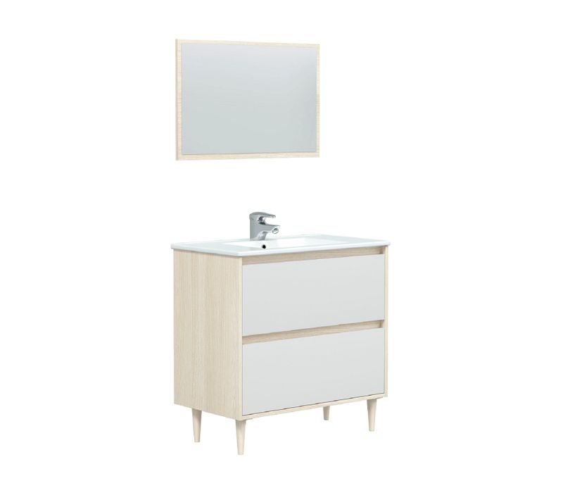 Meuble Sous Vasque Coloris chêne/blanc avec miroir et 2 tiroirs à glissières