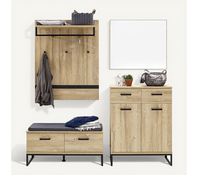 Ensemble D'entrée En Bois Panneau Mural + Commode + Miroir