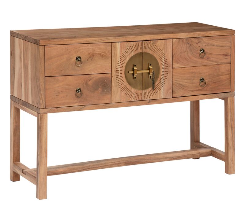 Table Console En Bois D'acacia Coloris Naturel Avec 2 Portes Et 4 Tiroirs