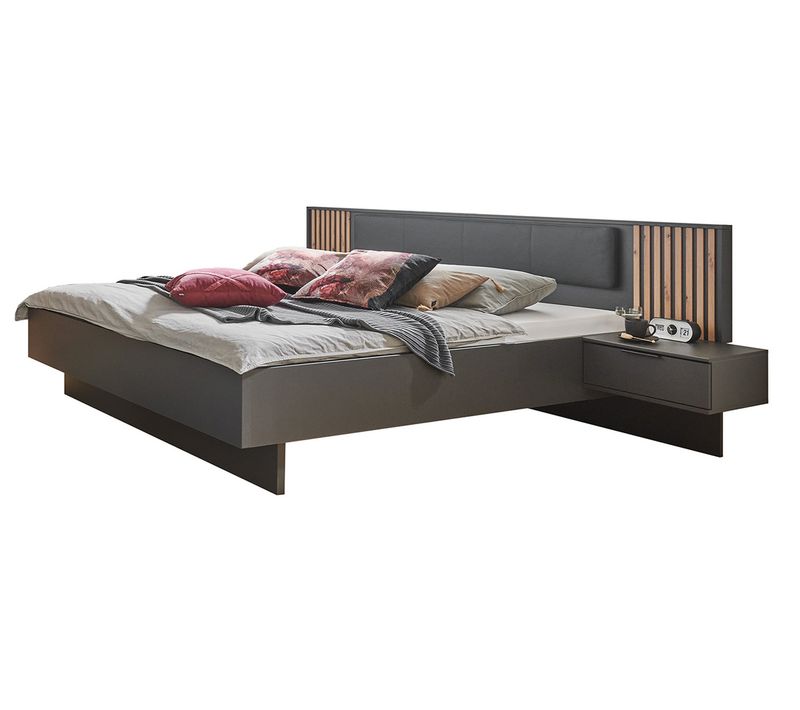 Lit Adulte + 2 Tables De Chevets King Size Coloris Graphite, Imitation Chêne Artisan