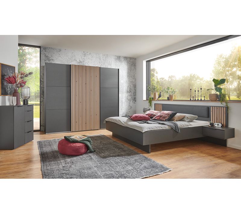 Chambre à Coucher  (armoire + Commode + Lit Adulte 180 X 200 ) graphite, imitation chêne artisan