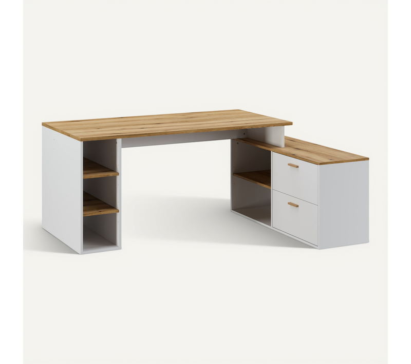 Bureau D'angle En Mélamine Coloris Imitation Chêne Artisan / Blanc - L. 183 X P. 141 X H. 75 Cm